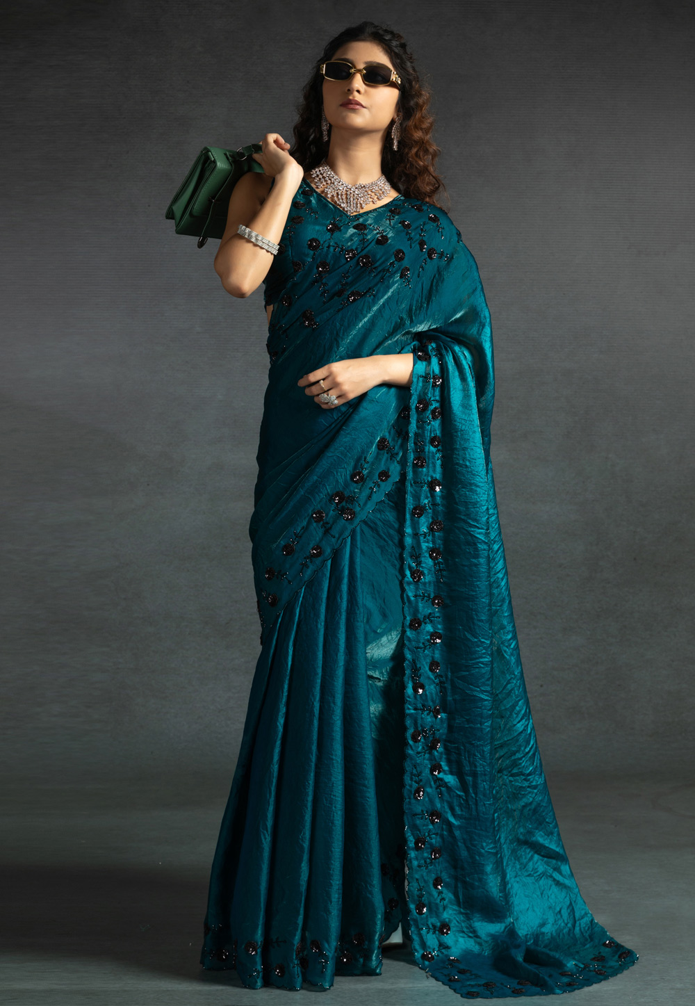 Teal Satin Silk Saree With Blouse 307990