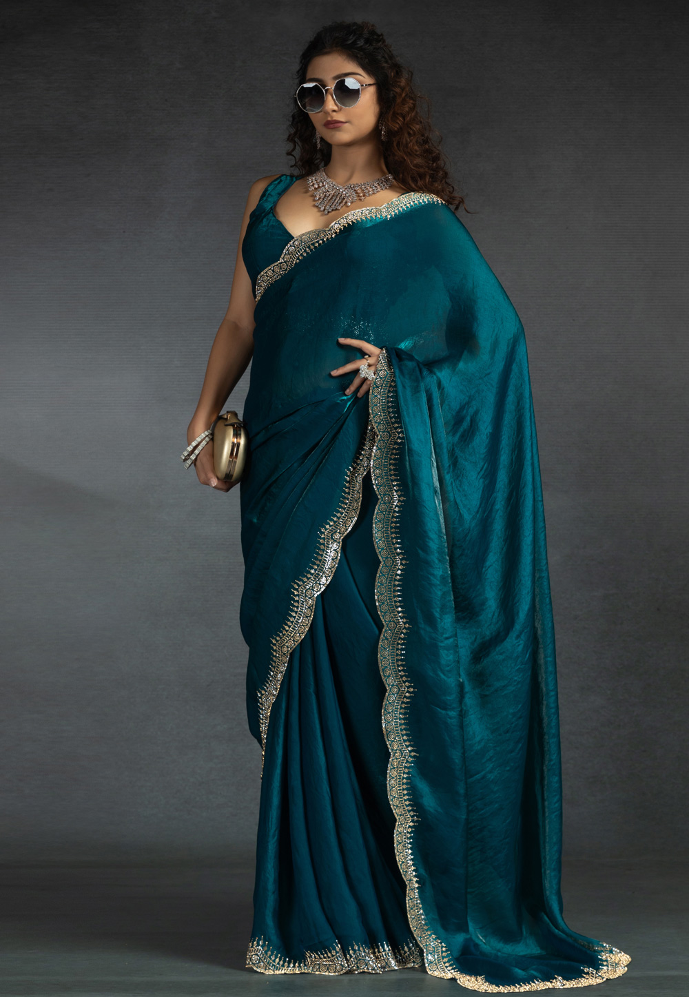 Teal Satin Silk Saree With Blouse 307986