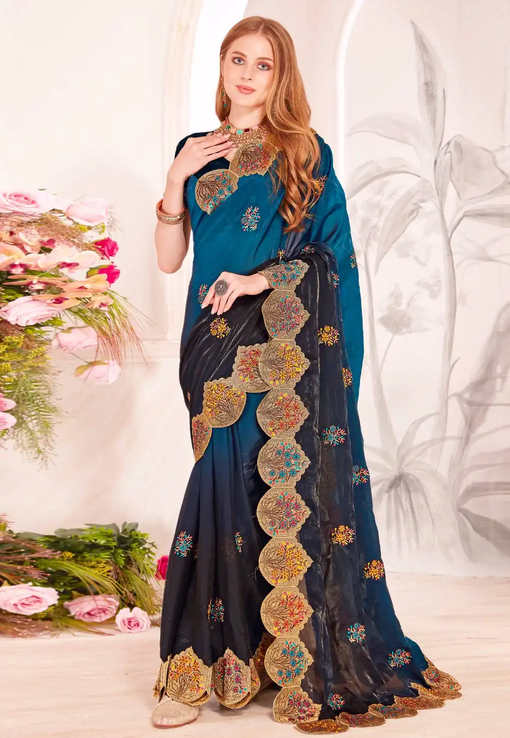 Teal Satin Silk Saree With Blouse 315789