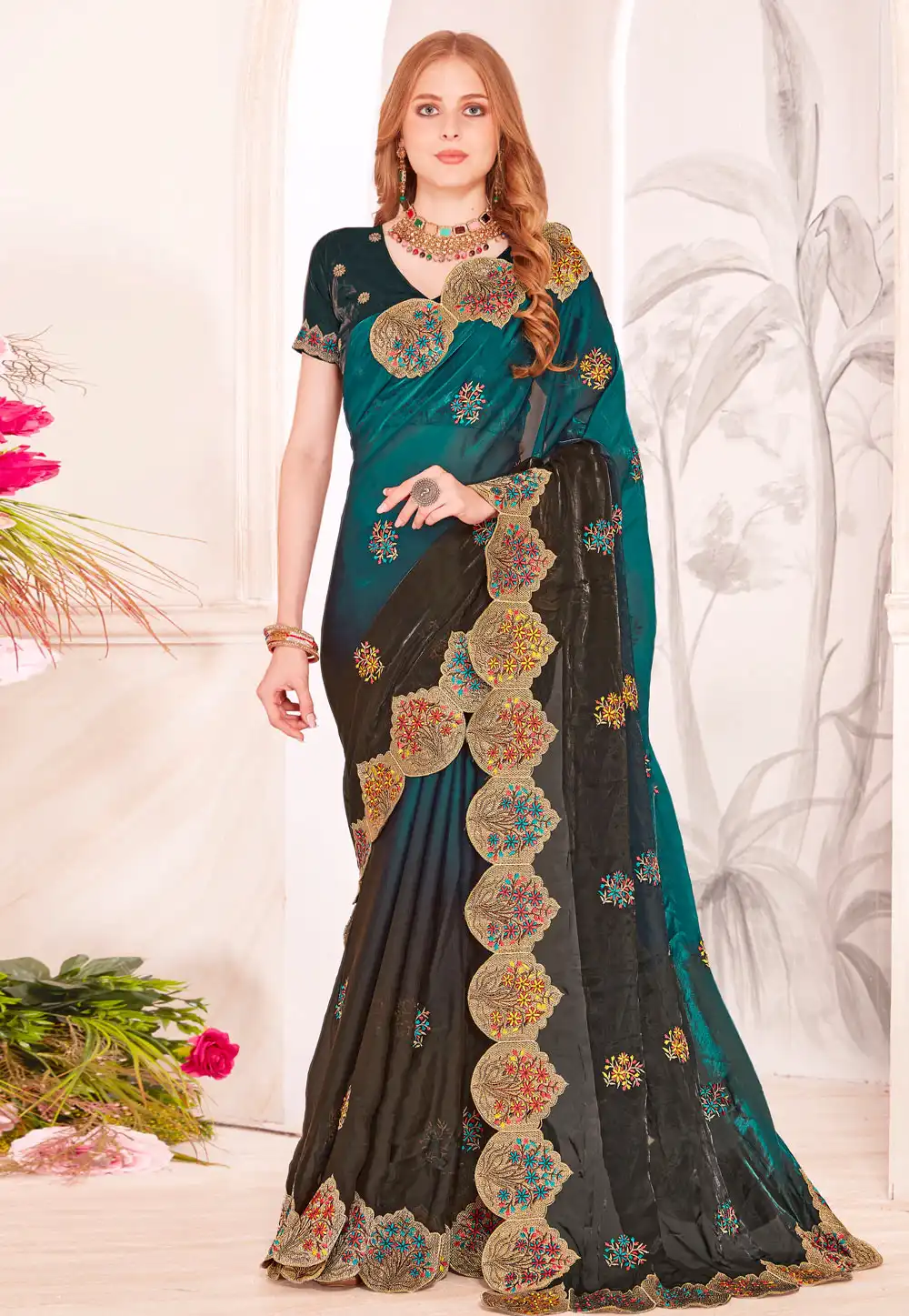 Teal Satin Silk Saree With Blouse 315791