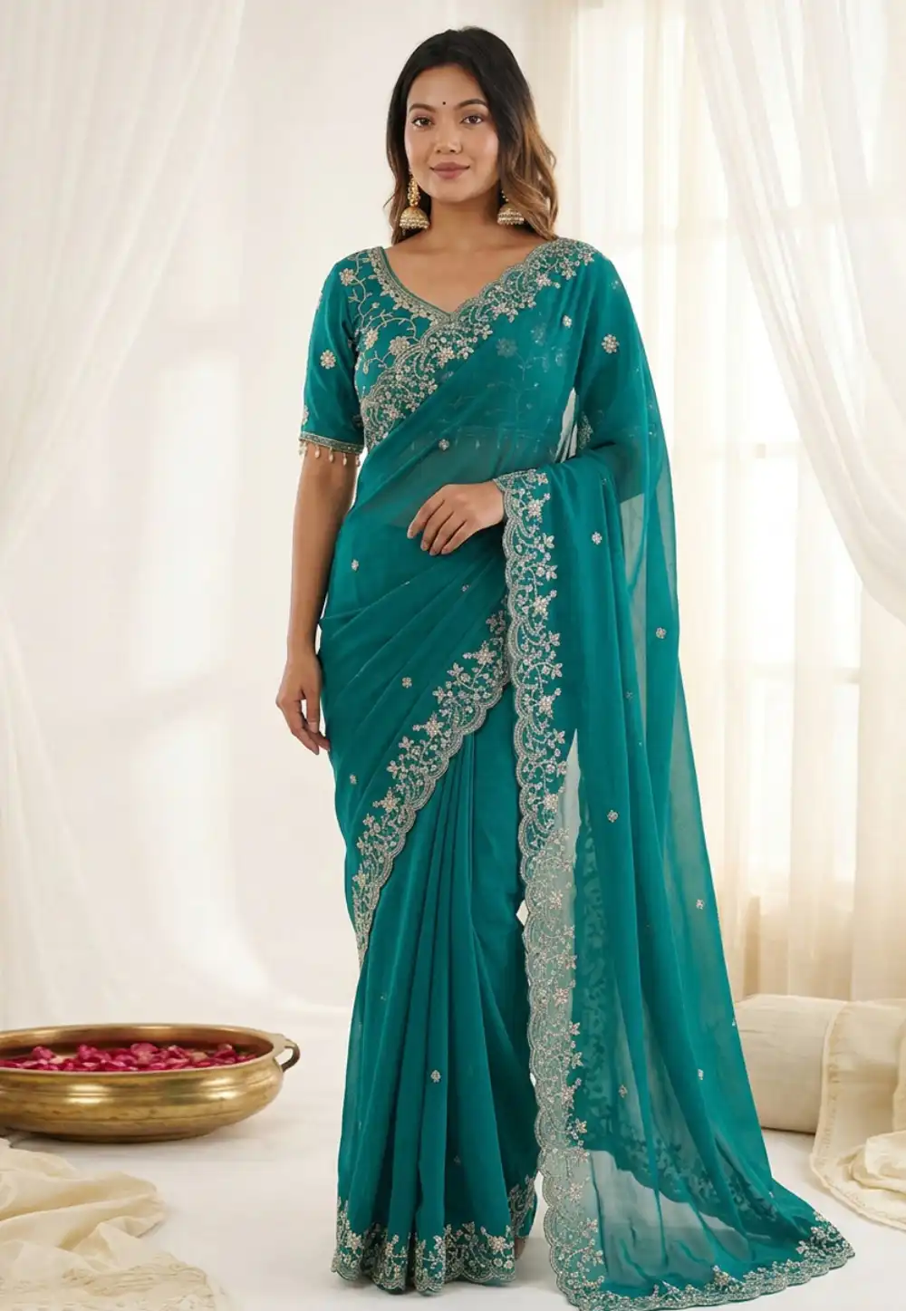 Teal Satin Silk Saree With Blouse 330540