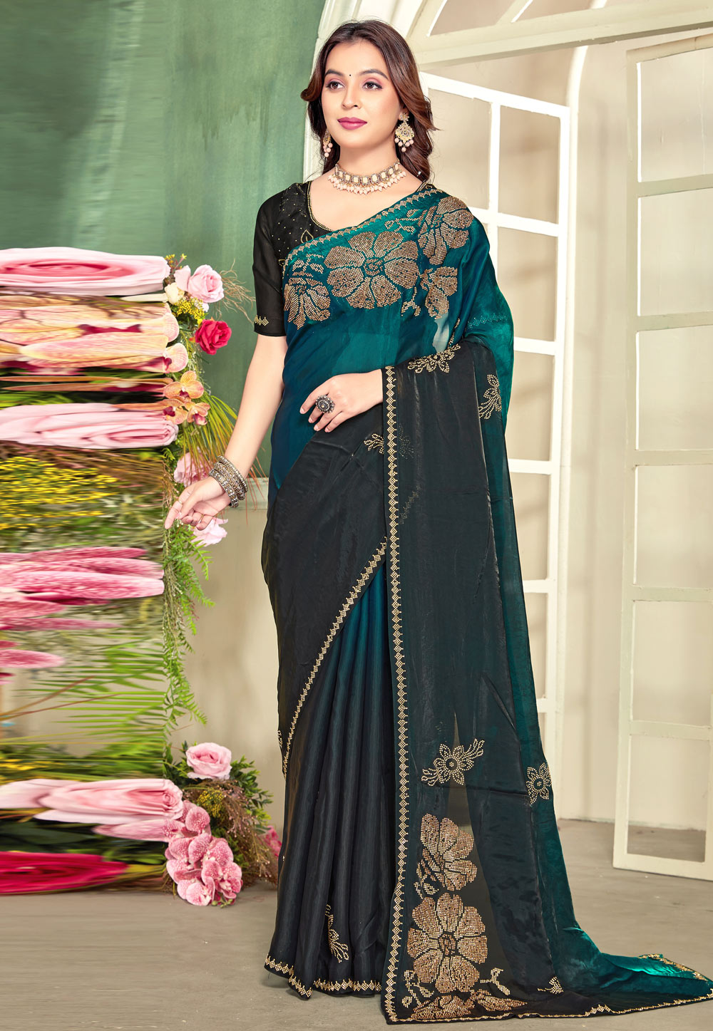 Teal Satin Silk Saree With Blouse 320160