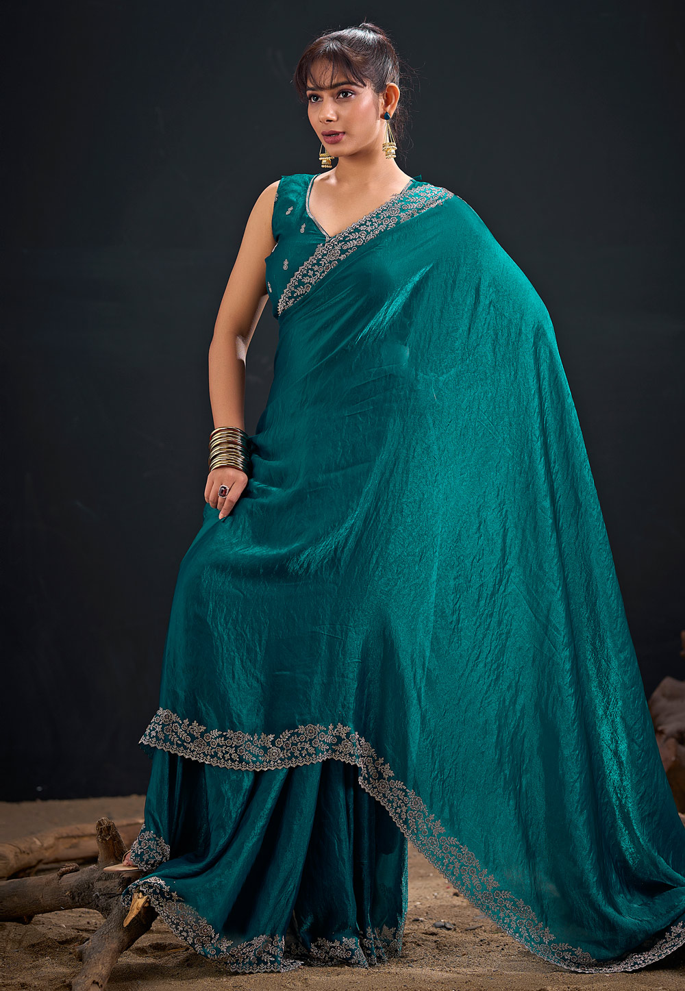 Teal Satin Silk Saree With Blouse 327585