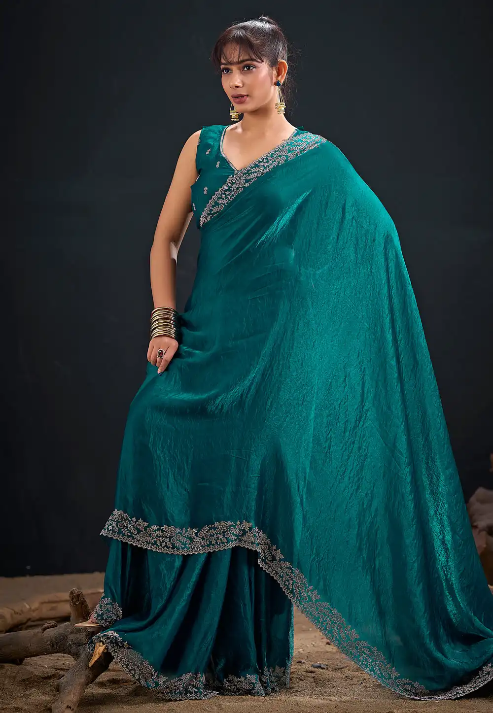 Teal Satin Silk Saree With Blouse 327585