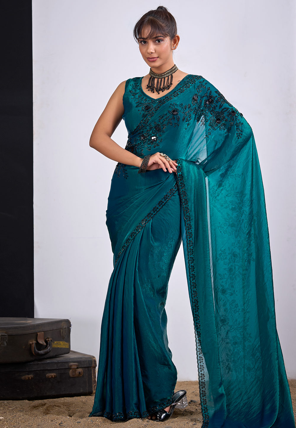 Teal Satin Silk Saree With Blouse 327576