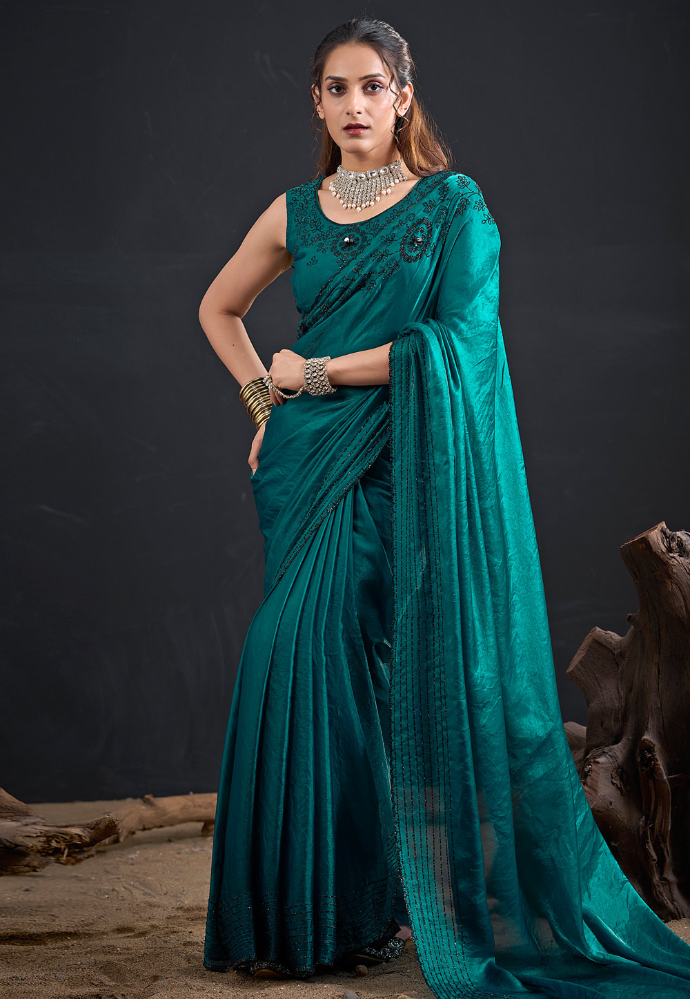 Teal Satin Silk Saree With Blouse 327615