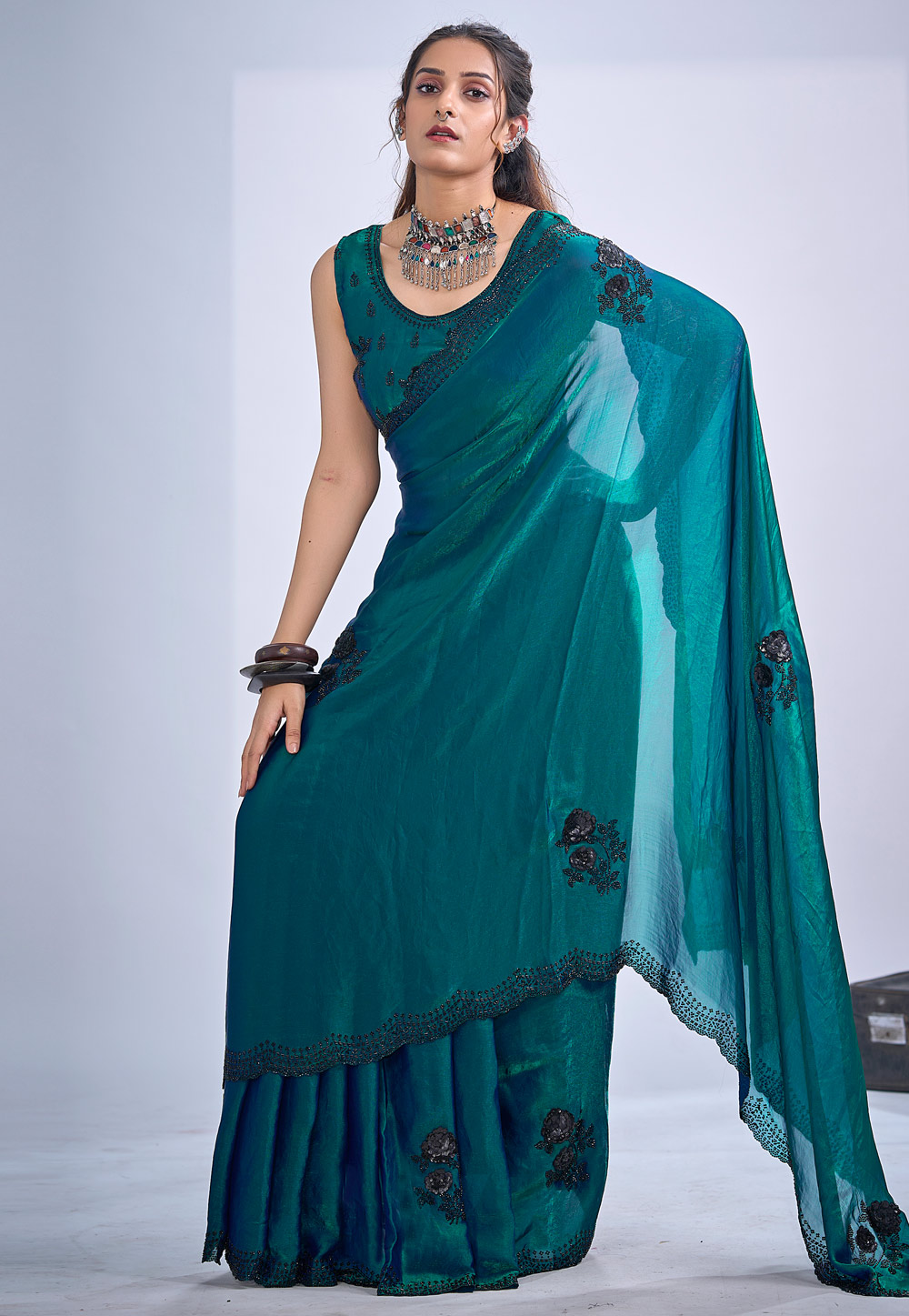 Teal Satin Silk Saree With Blouse 327592