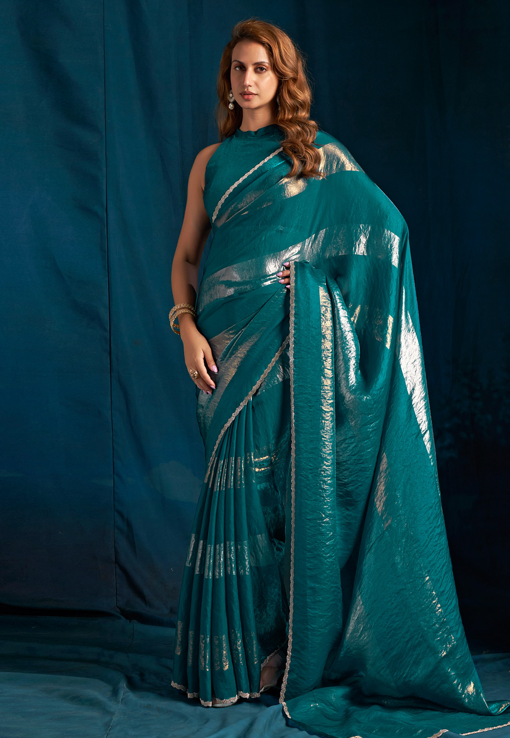 Teal Satin Silk Saree With Blouse 328089