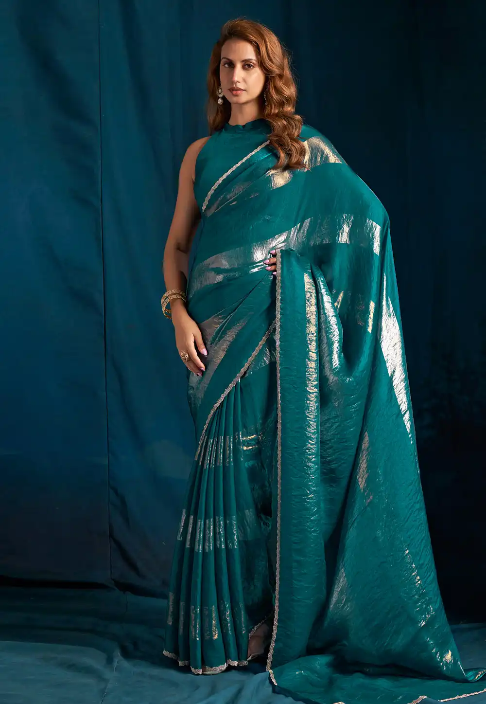 Teal Satin Silk Saree With Blouse 328089