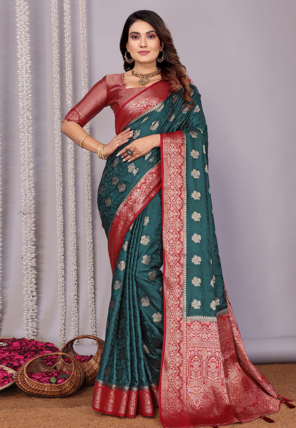 Teal Satin Silk Saree With Blouse 312507
