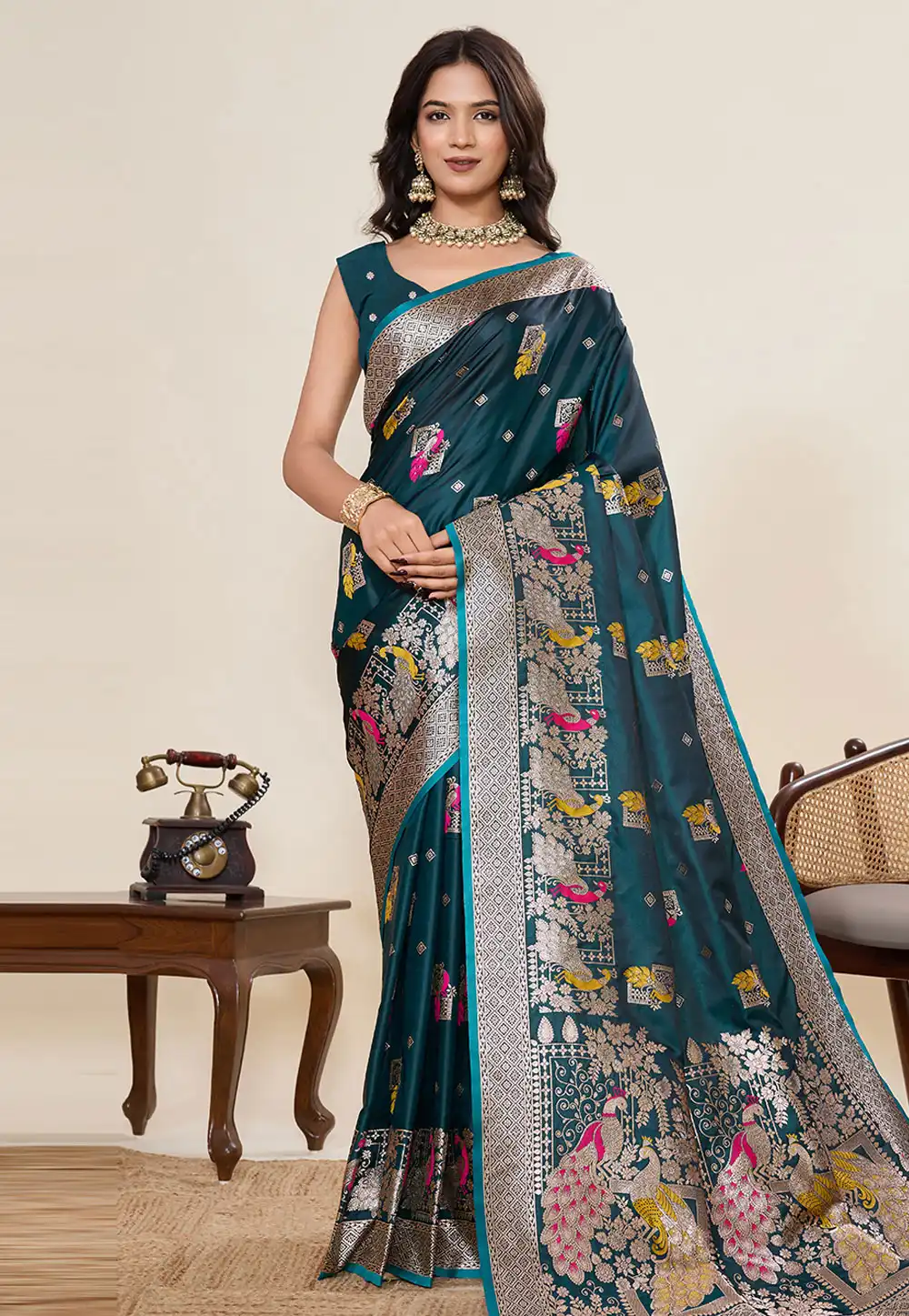 Teal Satin Silk Saree With Blouse 317242