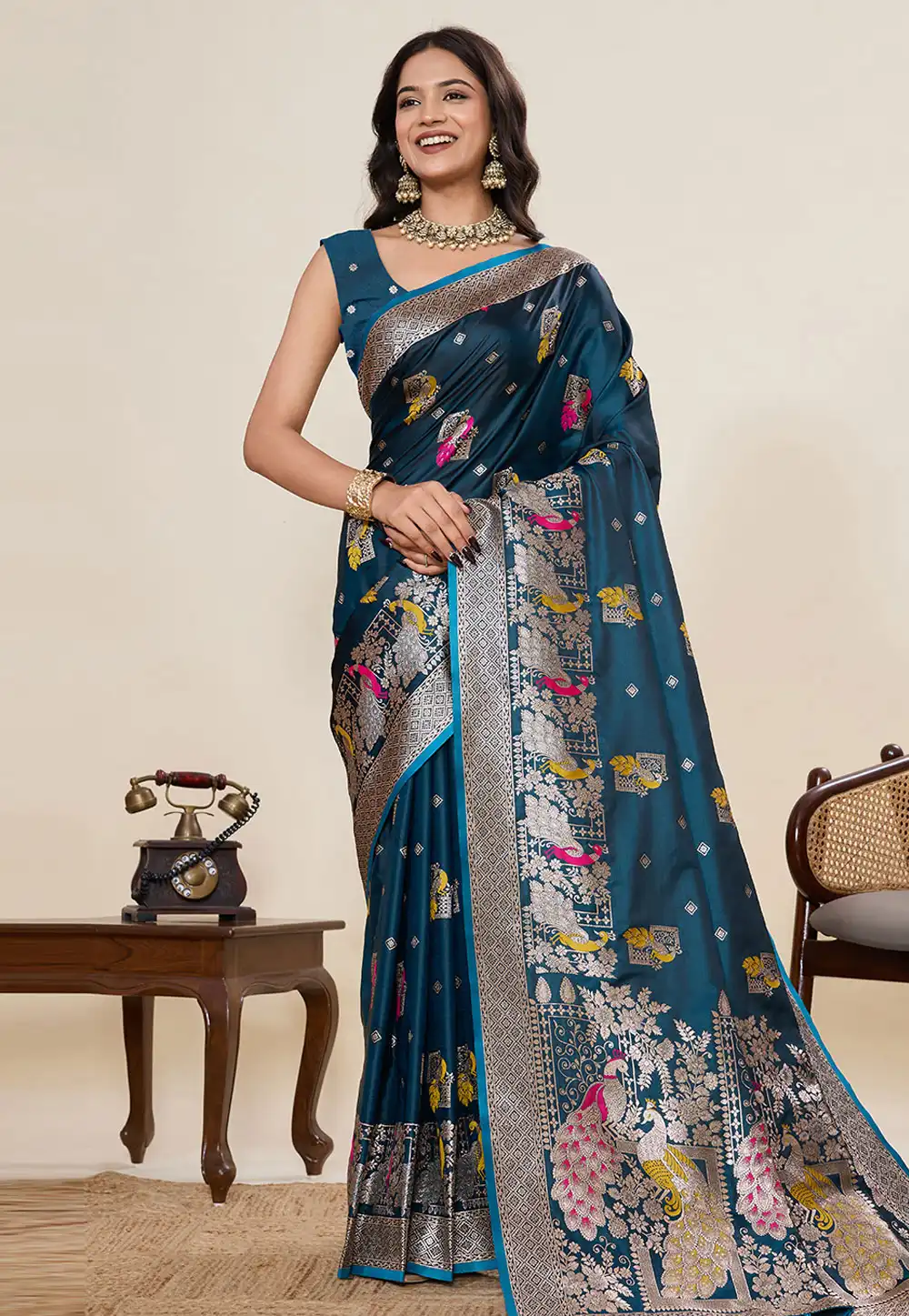 Teal Satin Silk Saree With Blouse 317244