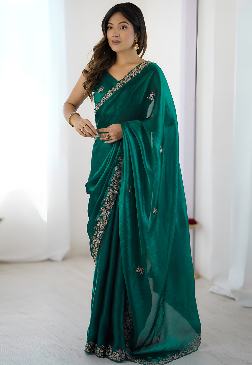 Teal Satin Silk Saree With Blouse 326676