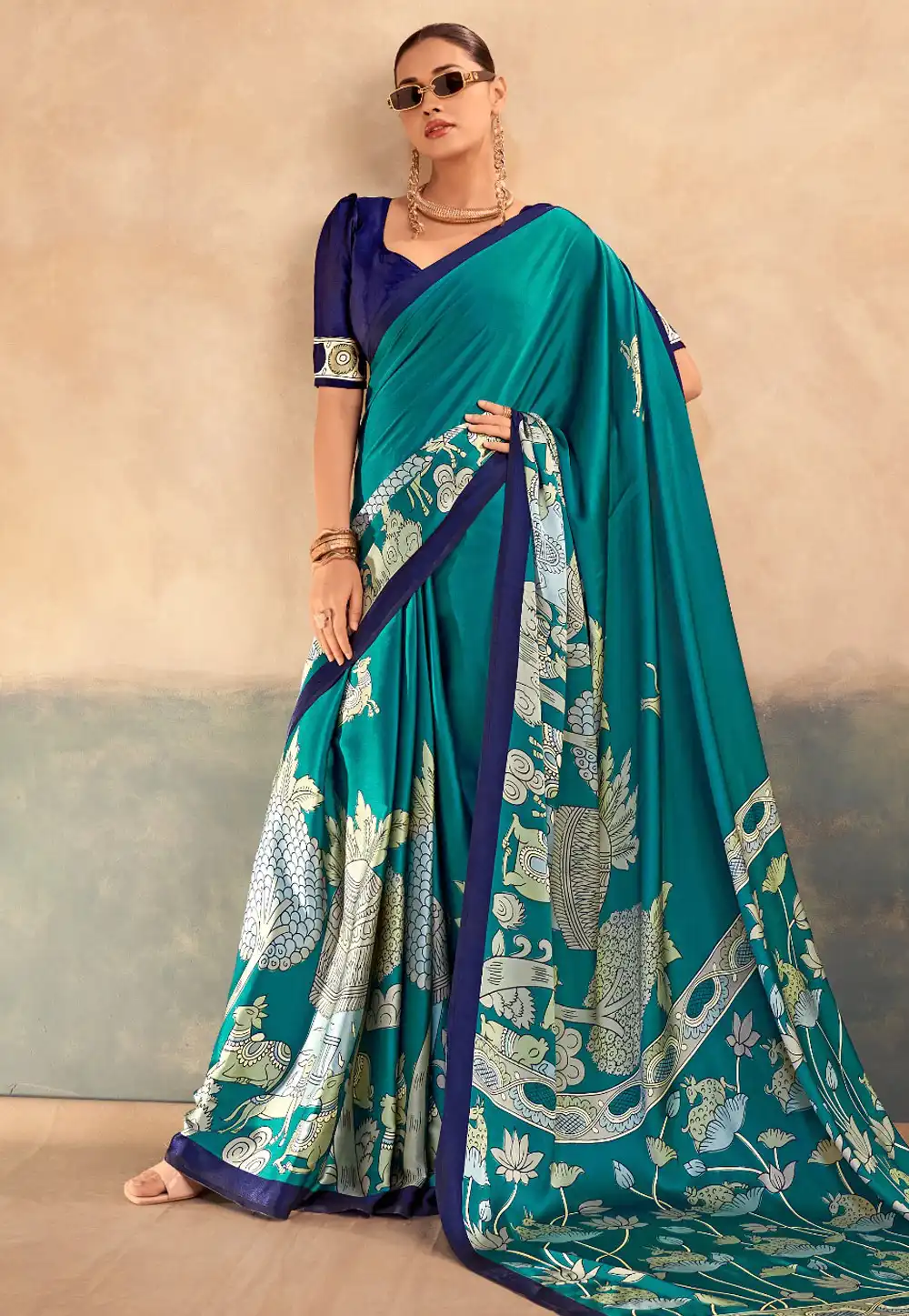 Teal Satin Silk Saree With Blouse 329488