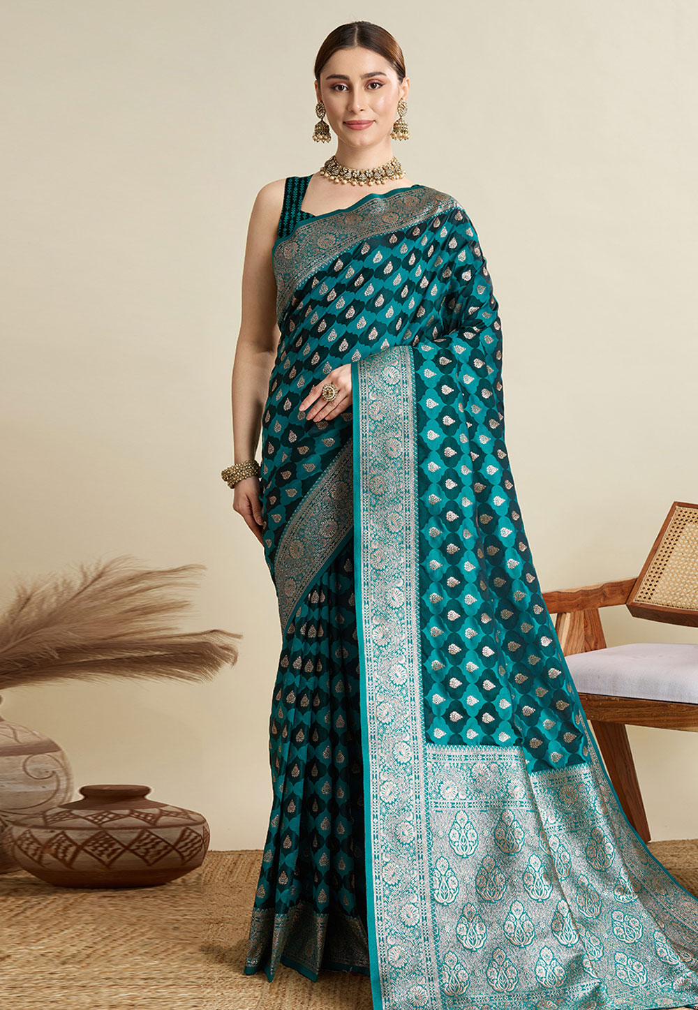Teal Satin Silk Saree With Blouse 311600