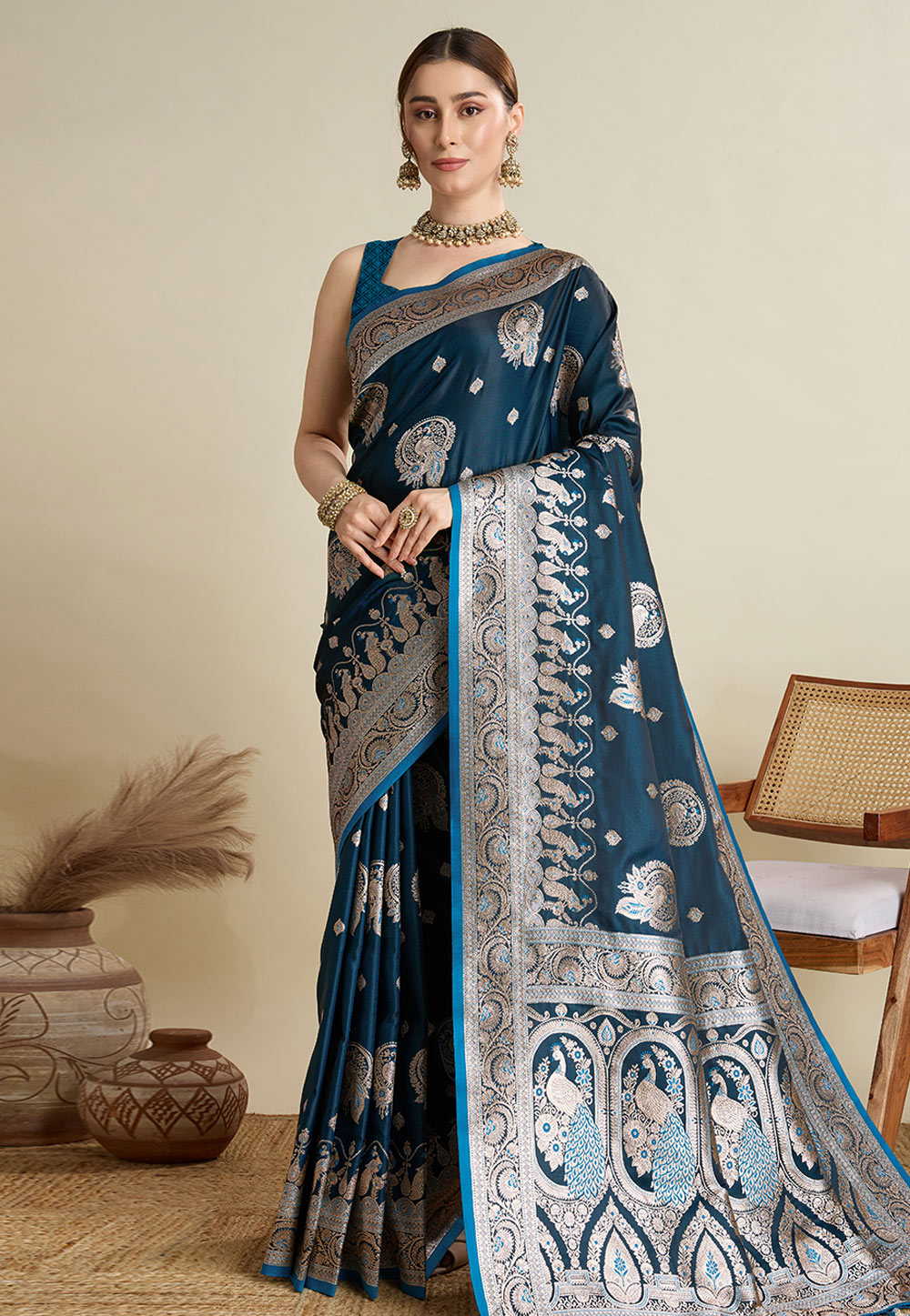 Teal Satin Silk Saree With Blouse 311604