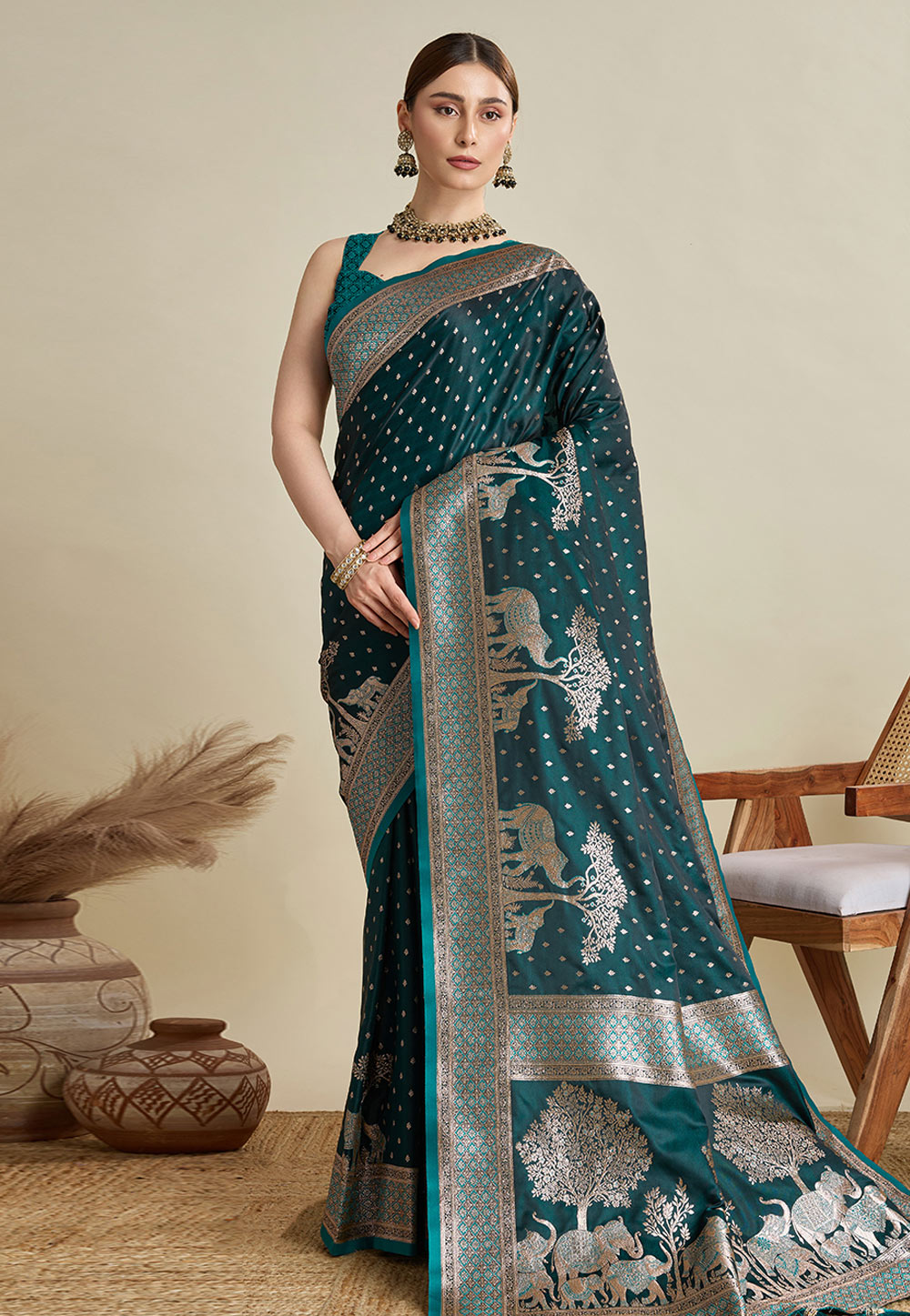 Teal Satin Silk Saree With Blouse 311801