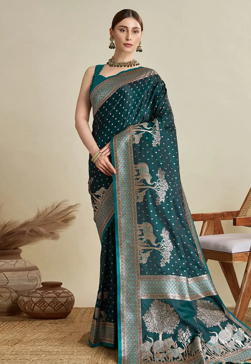 Teal Satin Silk Saree With Blouse 311801