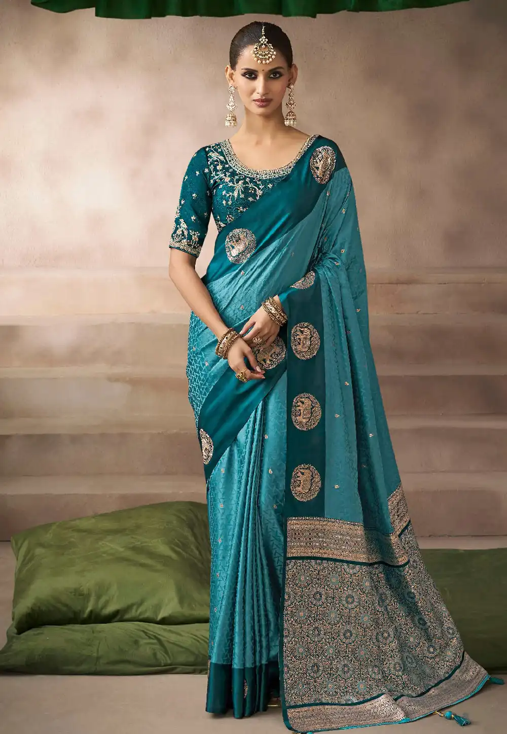 Teal Satin Silk Saree With Blouse 317019