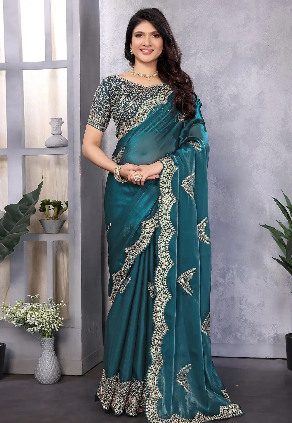 Teal Shimmer Chiffon Saree With Blouse 316144