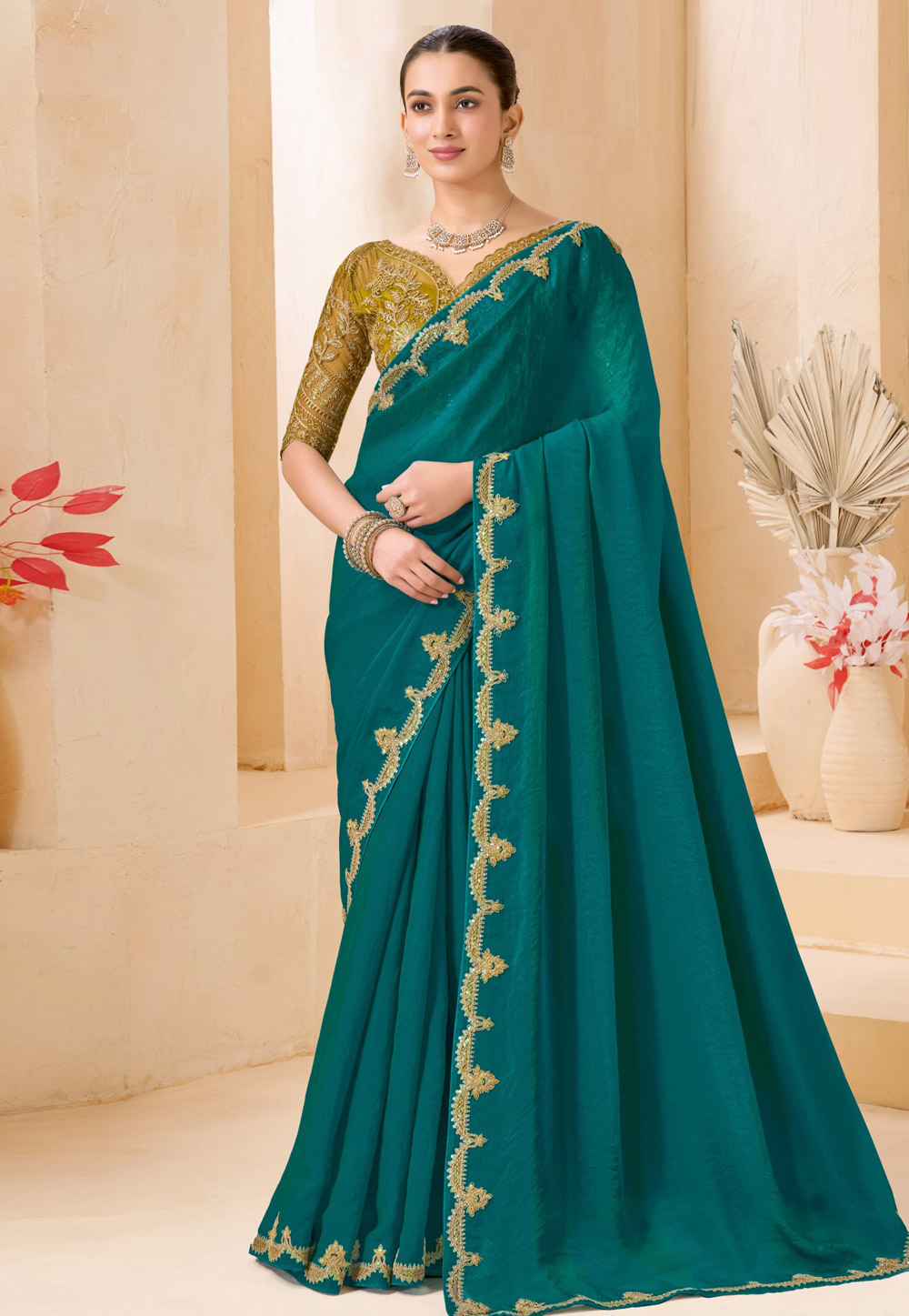 Teal Shimmer Georgette Saree With Blouse 327638