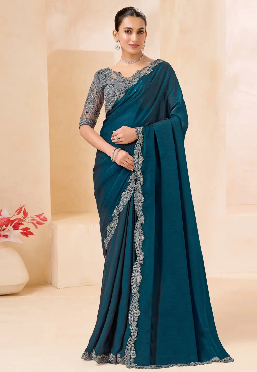 Teal Shimmer Georgette Saree With Blouse 327649