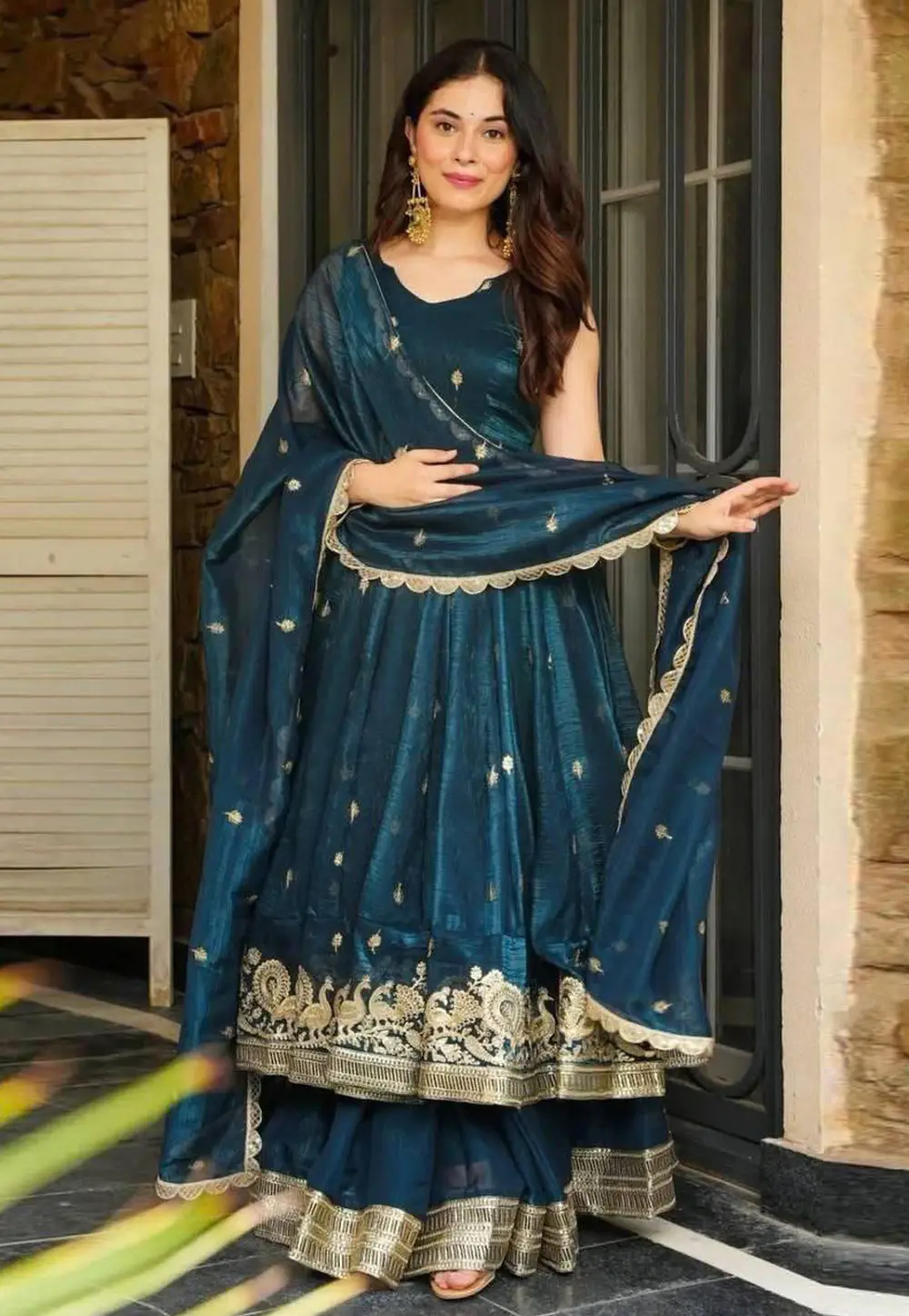 Teal Shimmer Readymade Anarkali Suit 330947