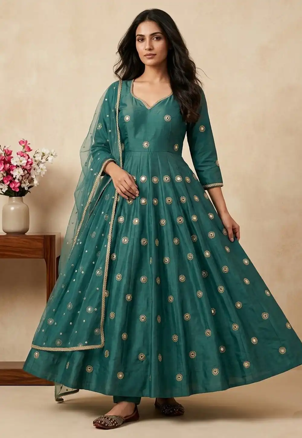 Teal Shimmer Readymade Long Anarkali Suit 330705