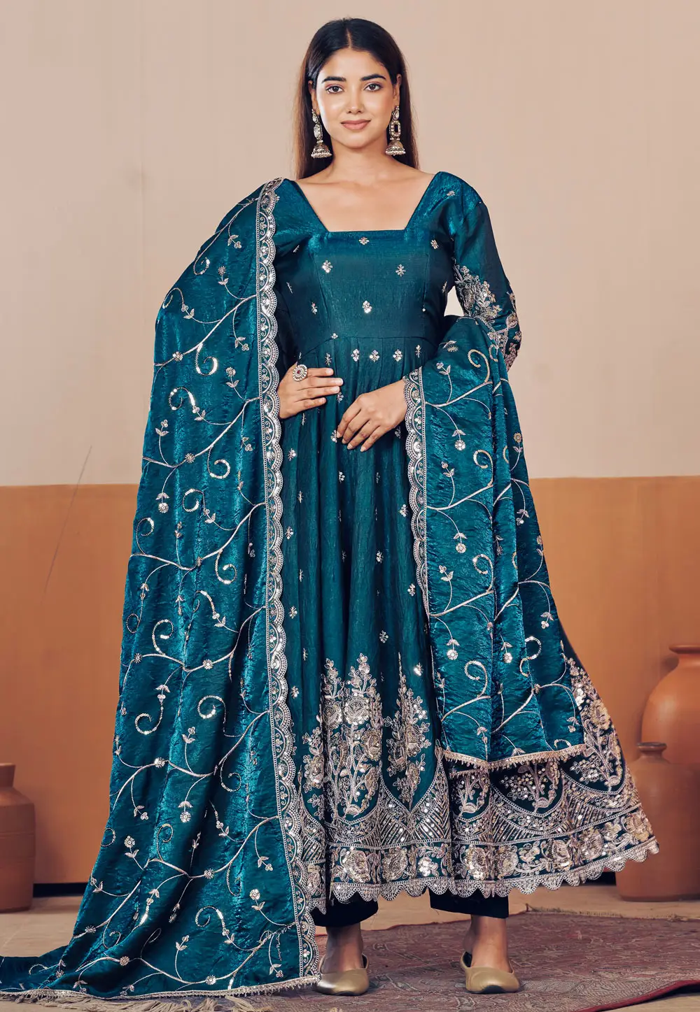 Teal Shimmer Readymade Long Anarkali Suit 334837