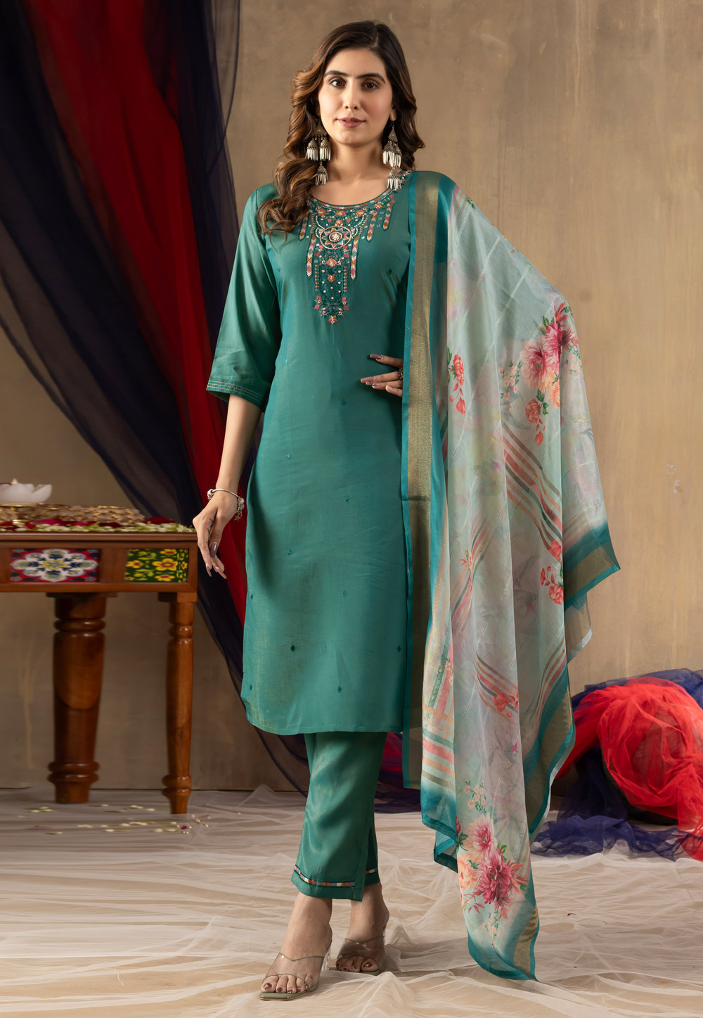Teal Shimmer Readymade Pakistani Suit 321402