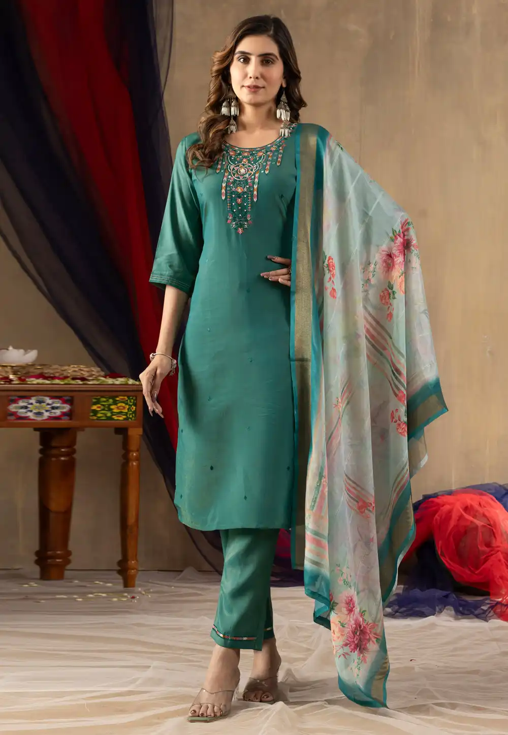 Teal Shimmer Readymade Pakistani Suit 321402