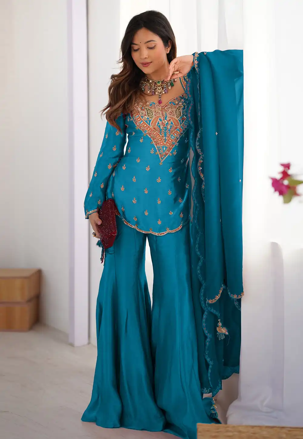 Teal Shimmer Readymade Palazzo Suit 317132