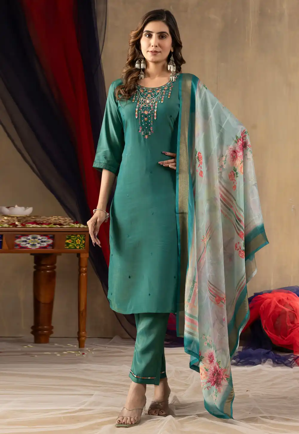 Teal Shimmer Readymade Pant Style Suit 313389