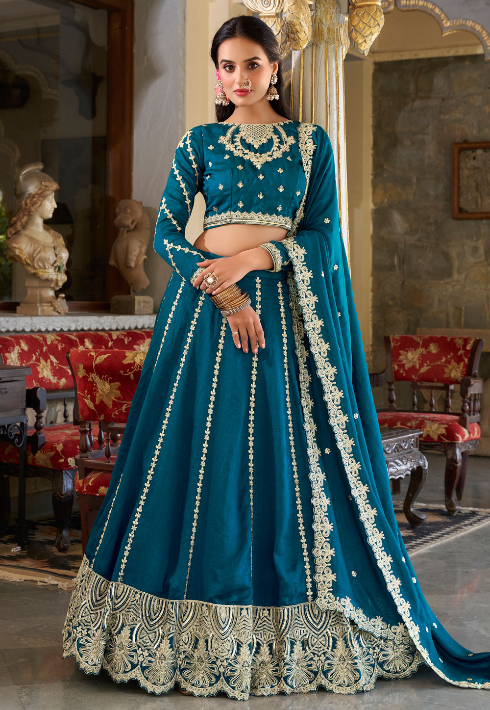 Teal Silk A Line Lehenga Choli 307529