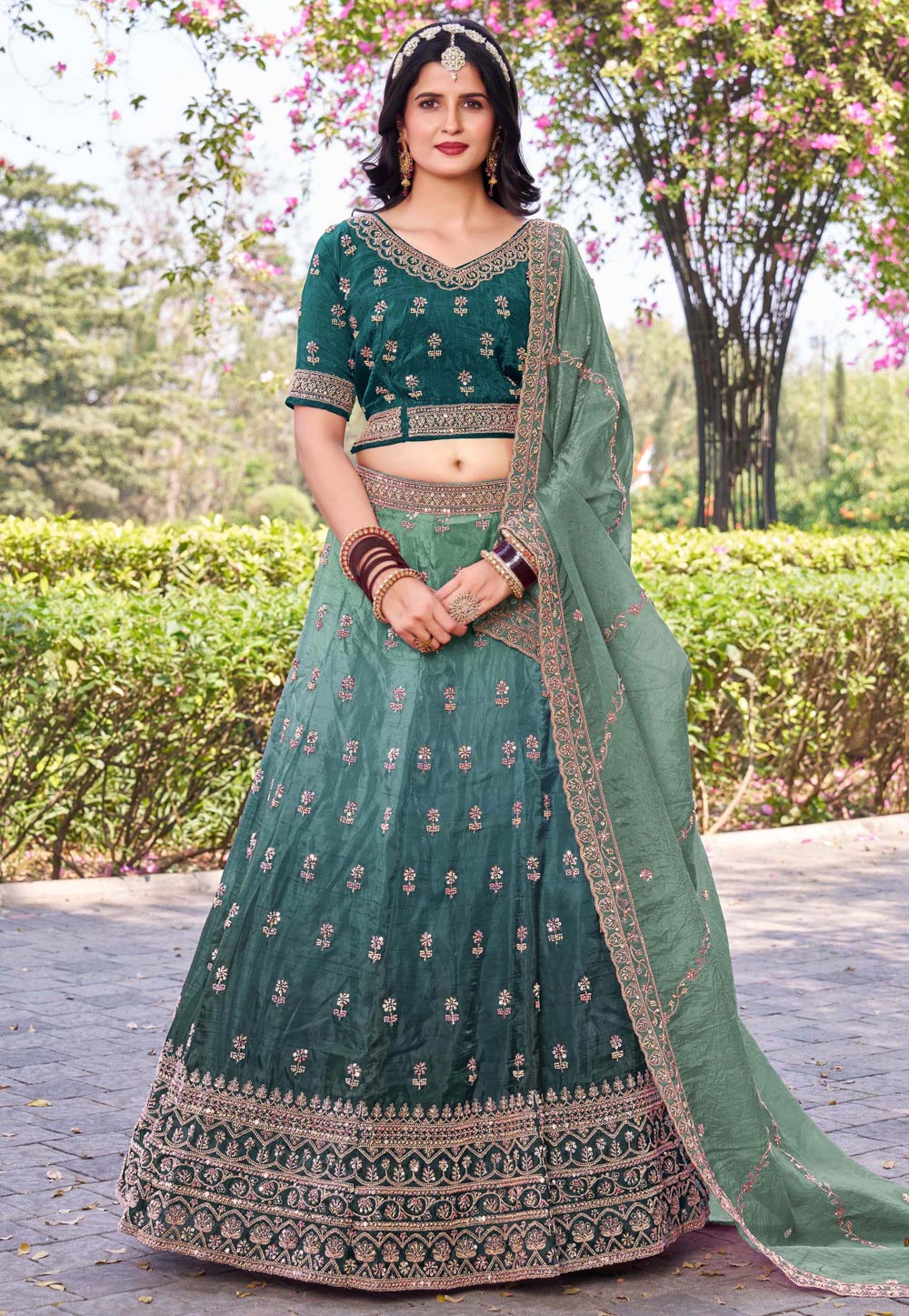 Teal Silk A Line Lehenga Choli 307512