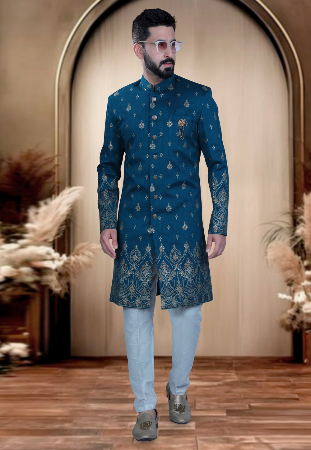 Teal Silk Achkan Style Sherwani 319666