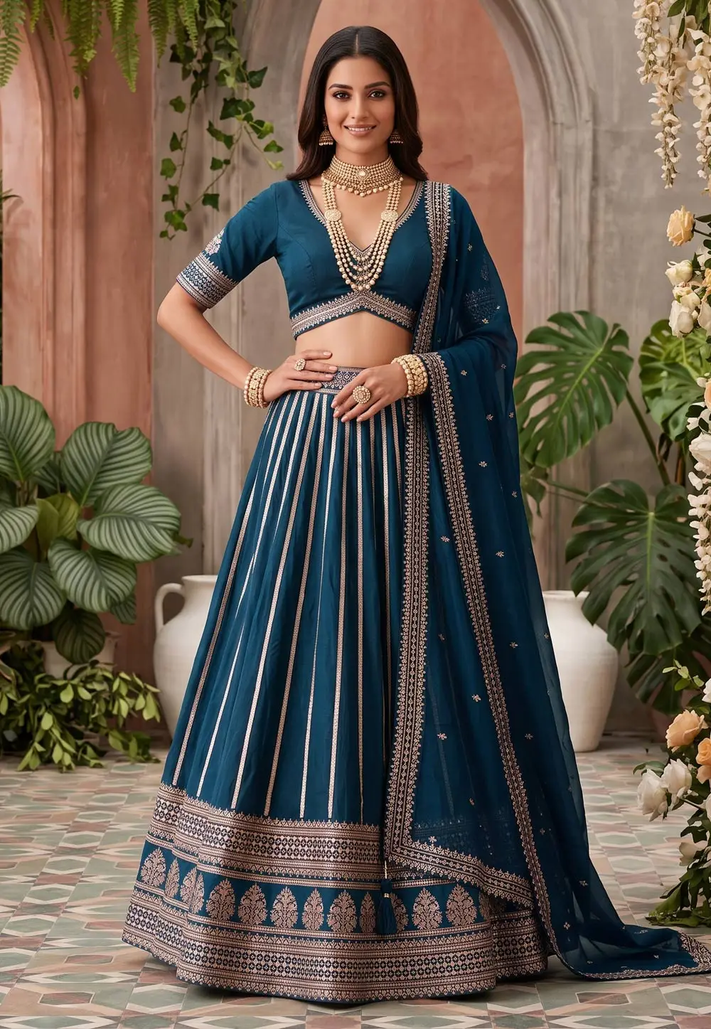 Teal Silk Circular Lehenga Choli 333573
