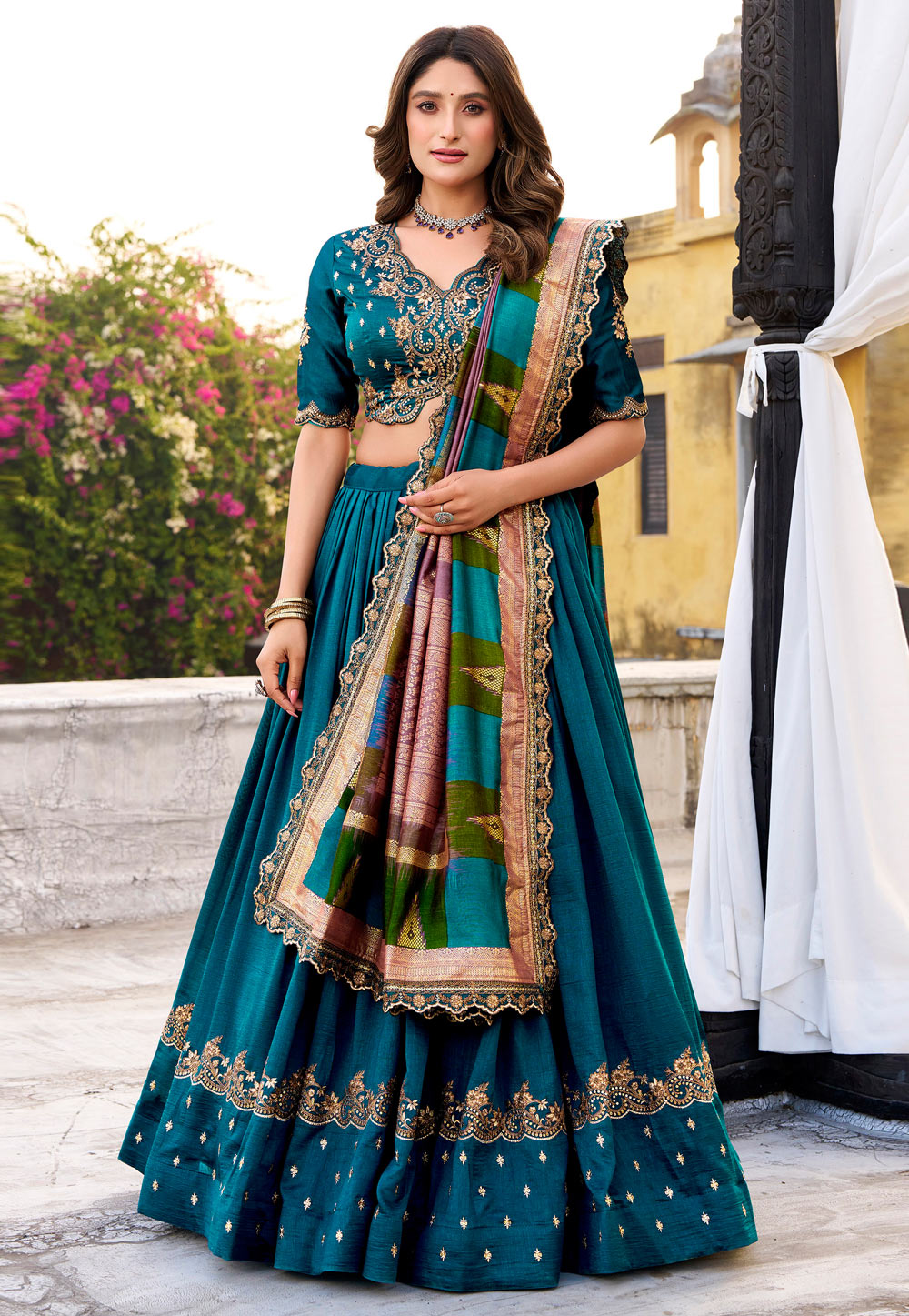 Teal Silk Circular Lehenga Choli 323923
