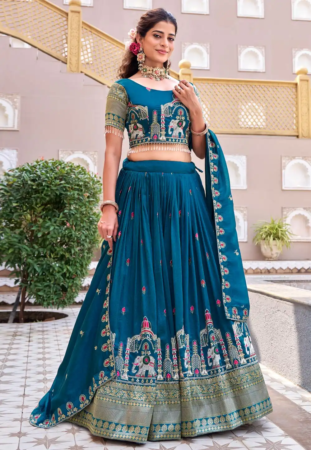 Teal Silk Circular Lehenga Choli 324899
