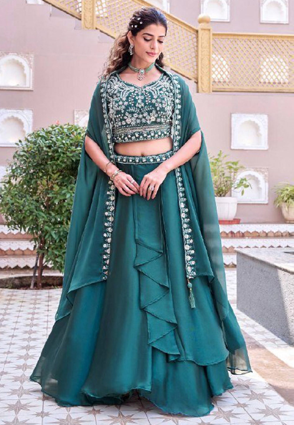 Teal Silk Circular Lehenga Choli 327512