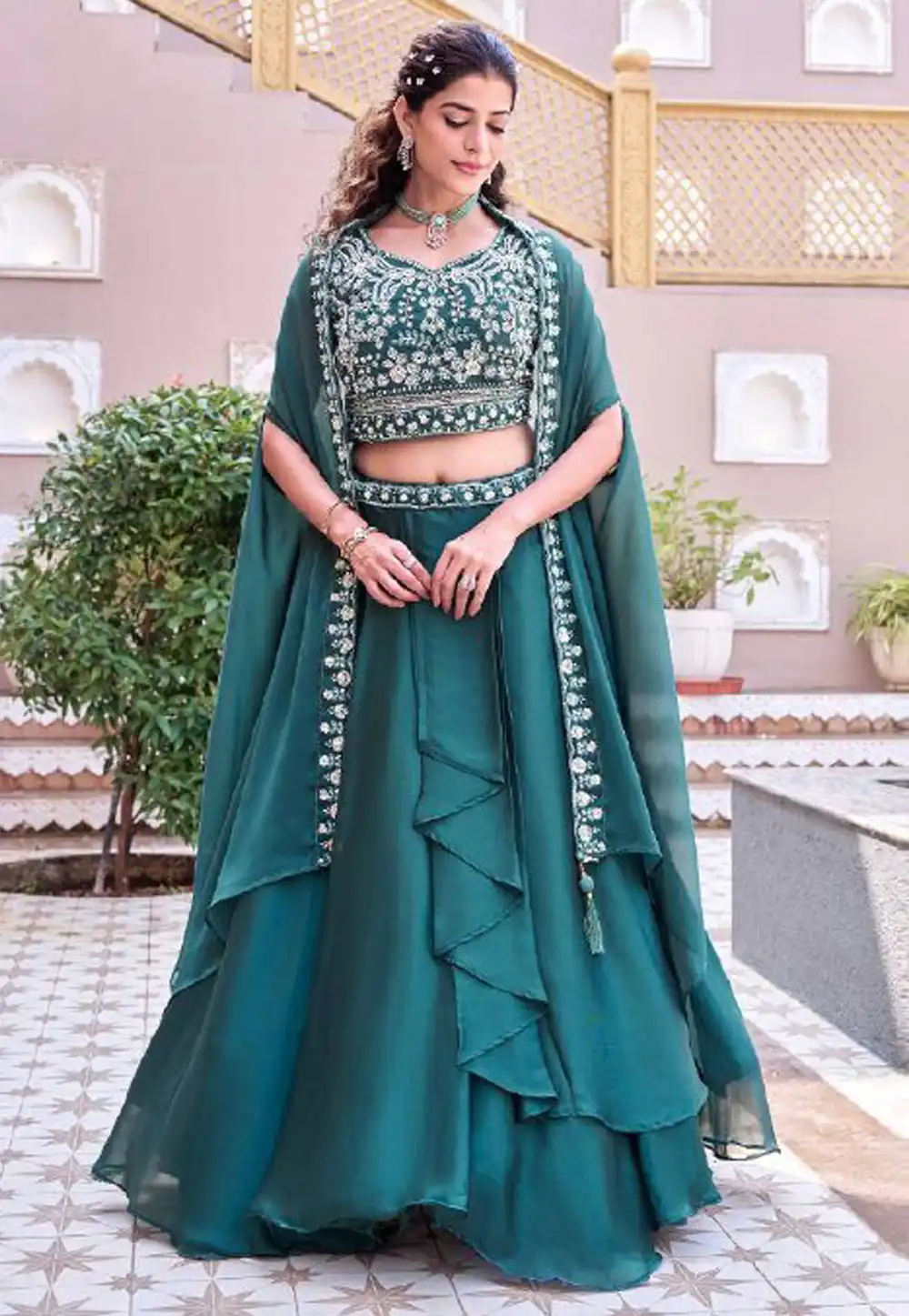 Teal Silk Circular Lehenga Choli 327512