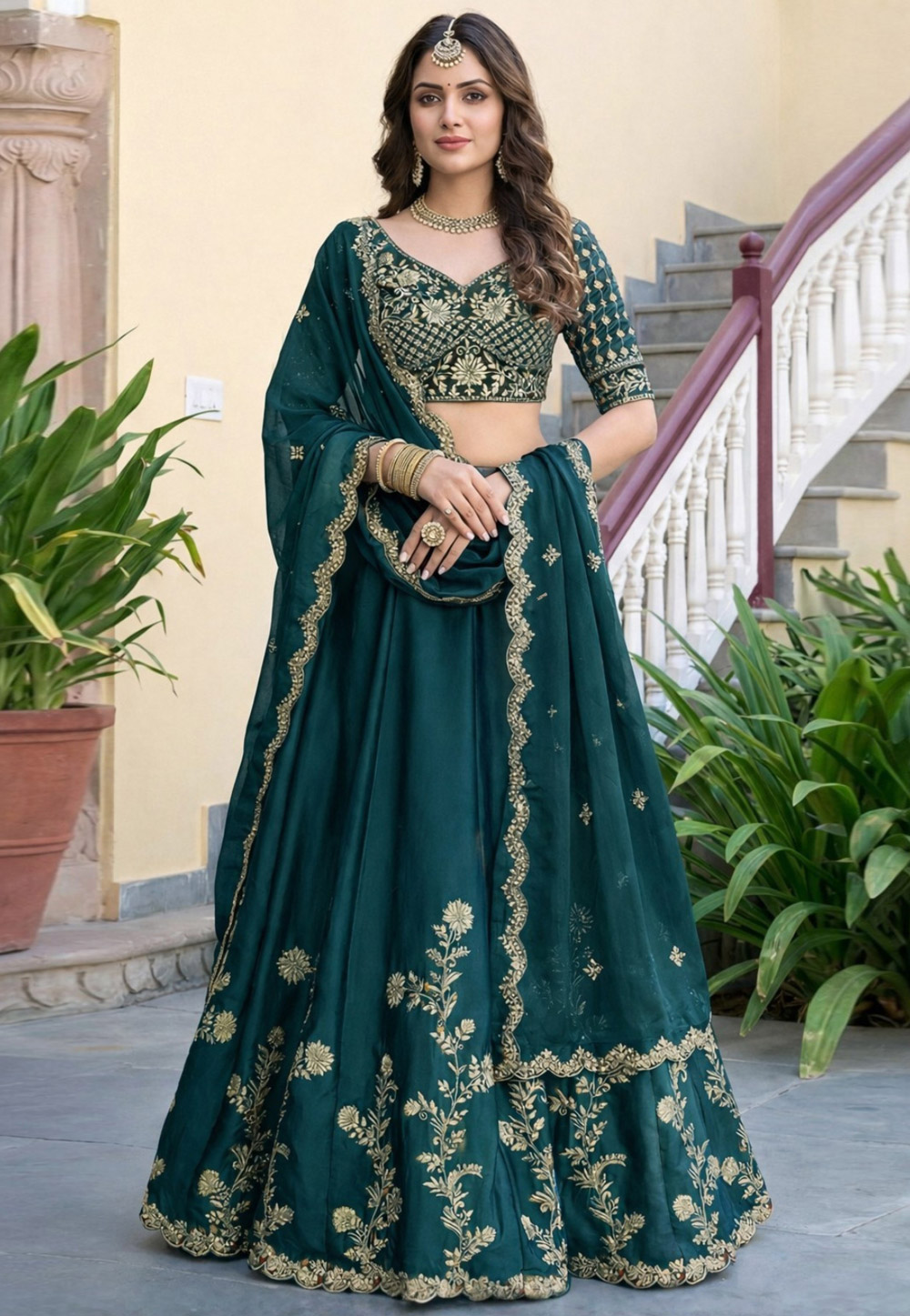 Teal Silk Circular Lehenga Choli 326174