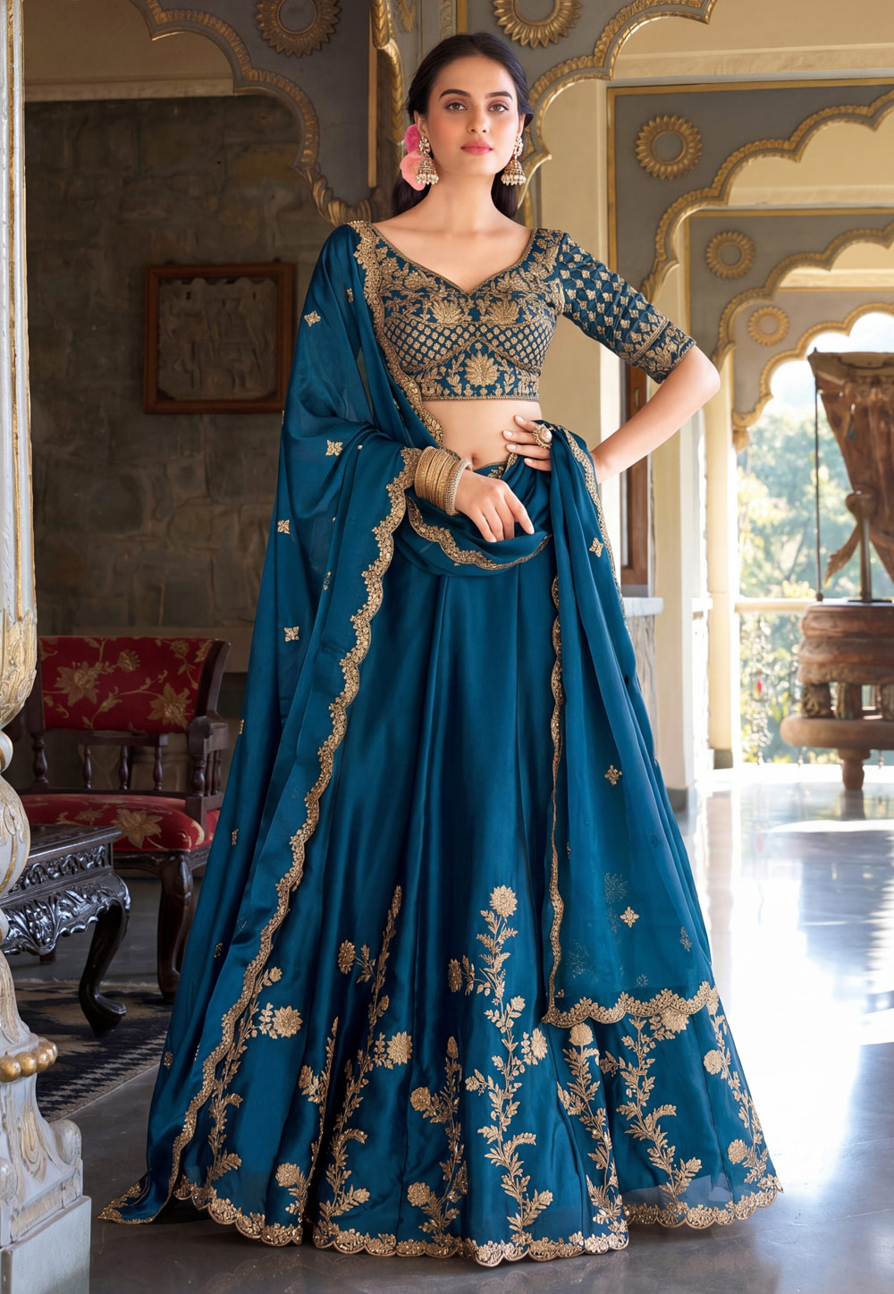 Teal Silk Circular Lehenga Choli 329261