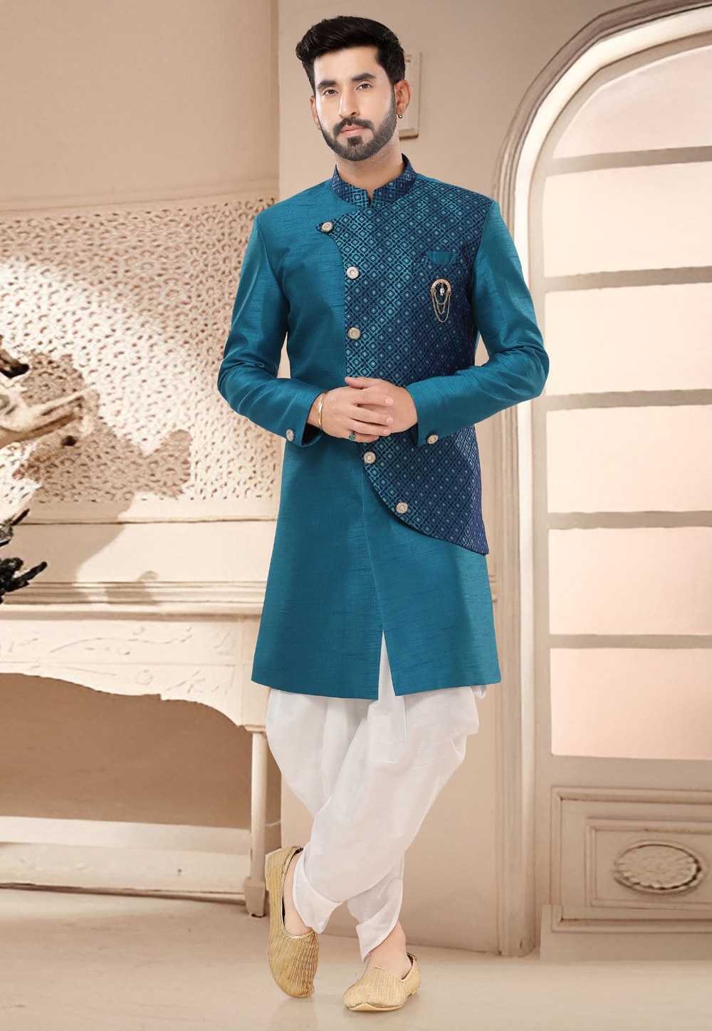 Teal Silk Dhoti Sherwani 285787