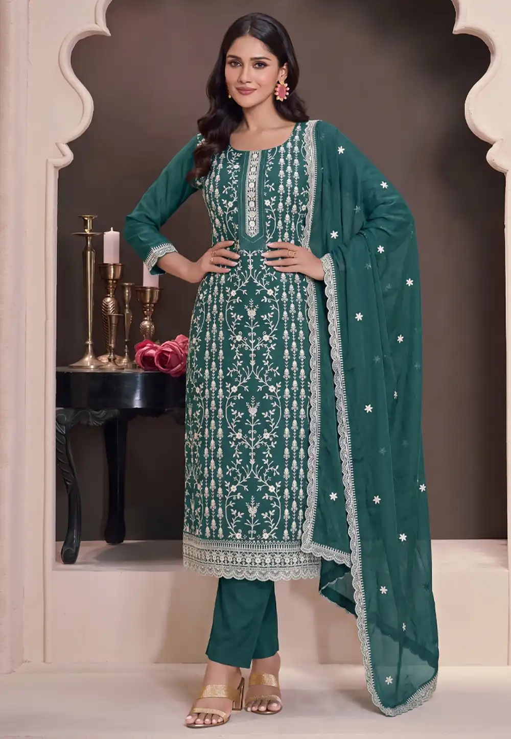 Teal Silk Embroidered Straight Suit 329740