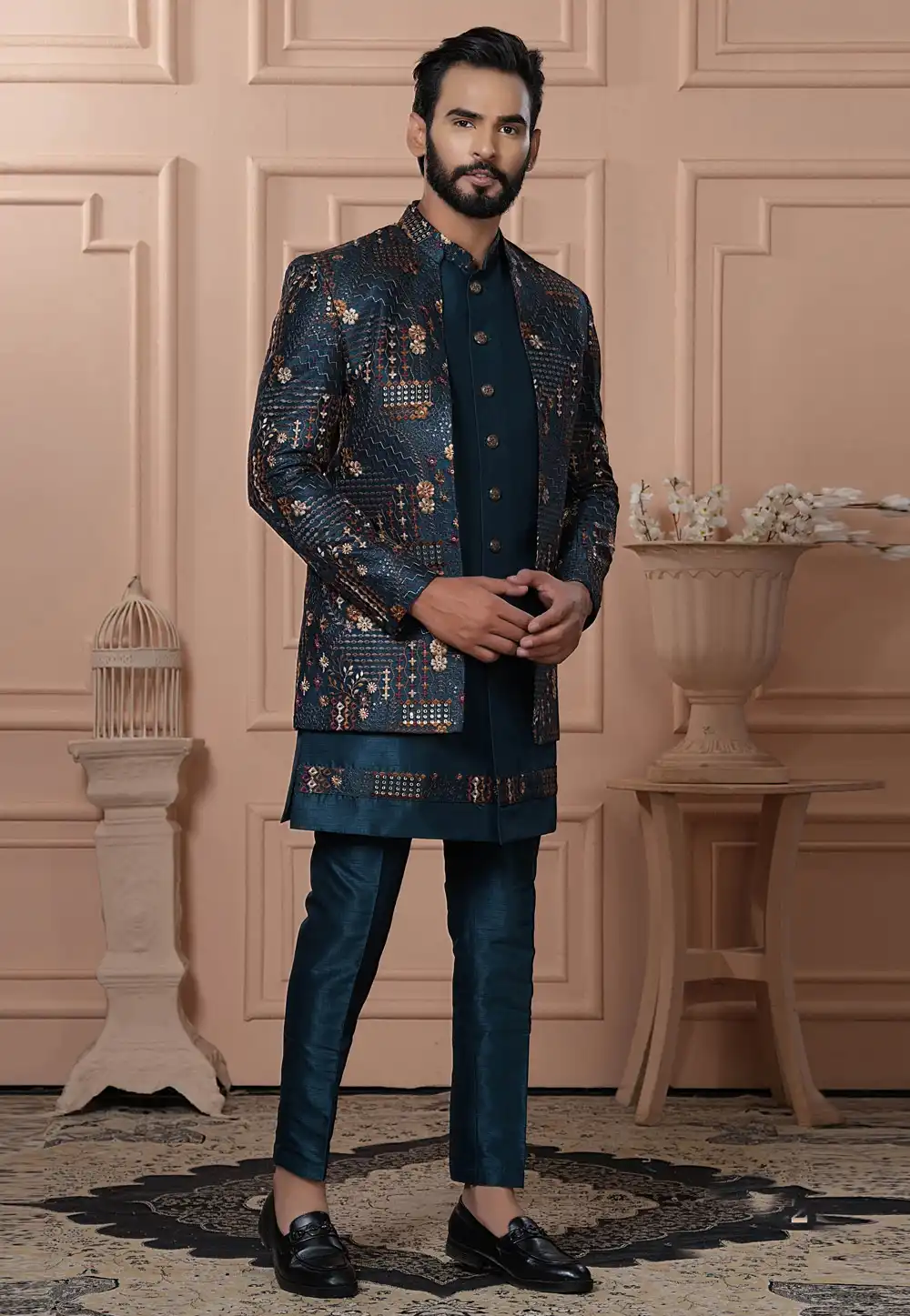 Teal Silk Indo Western Suit 315060