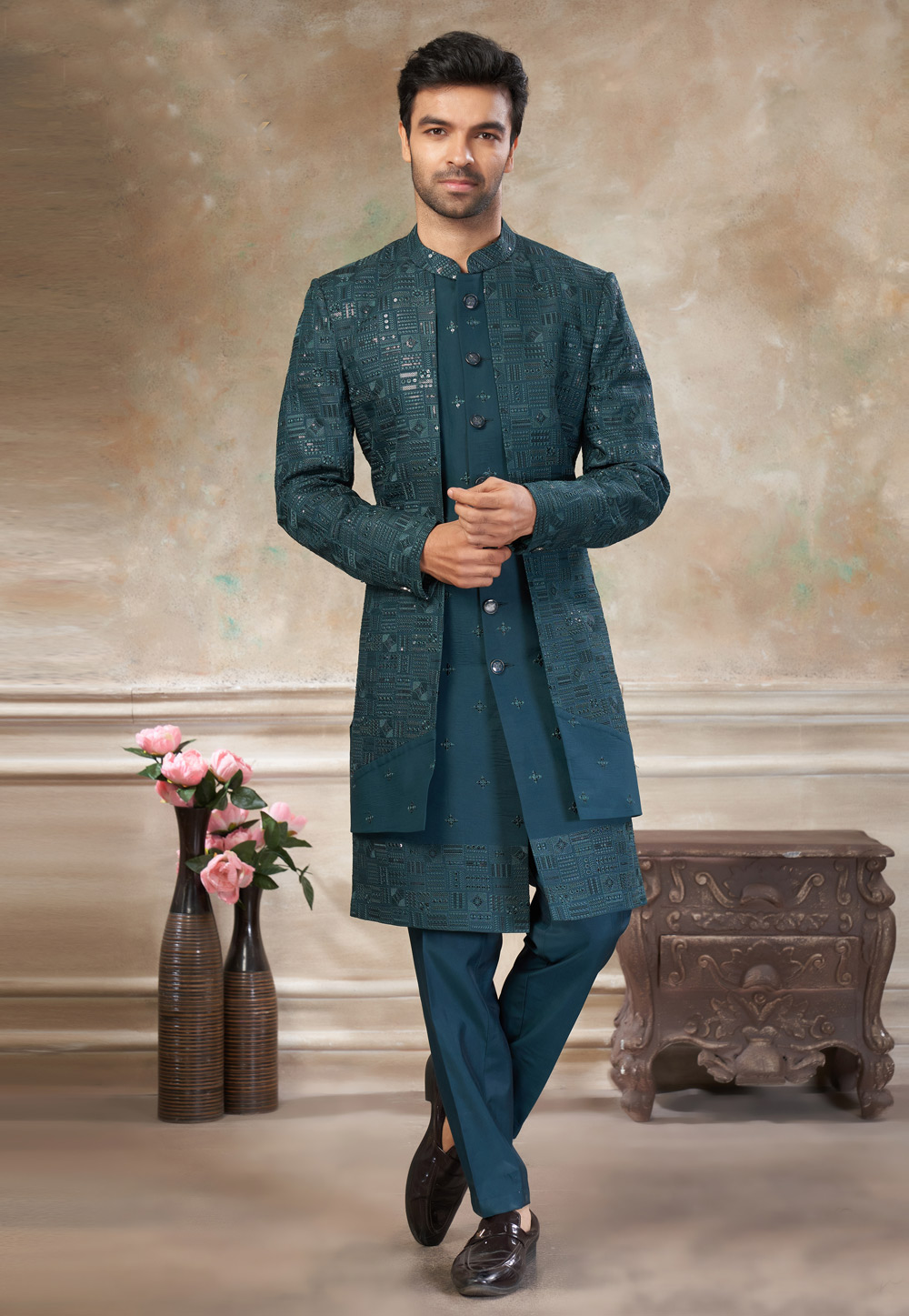 Teal Silk Indo Western Suit 319063