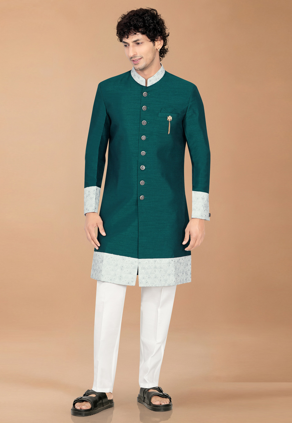 Teal Silk Indo Western Suit 329874