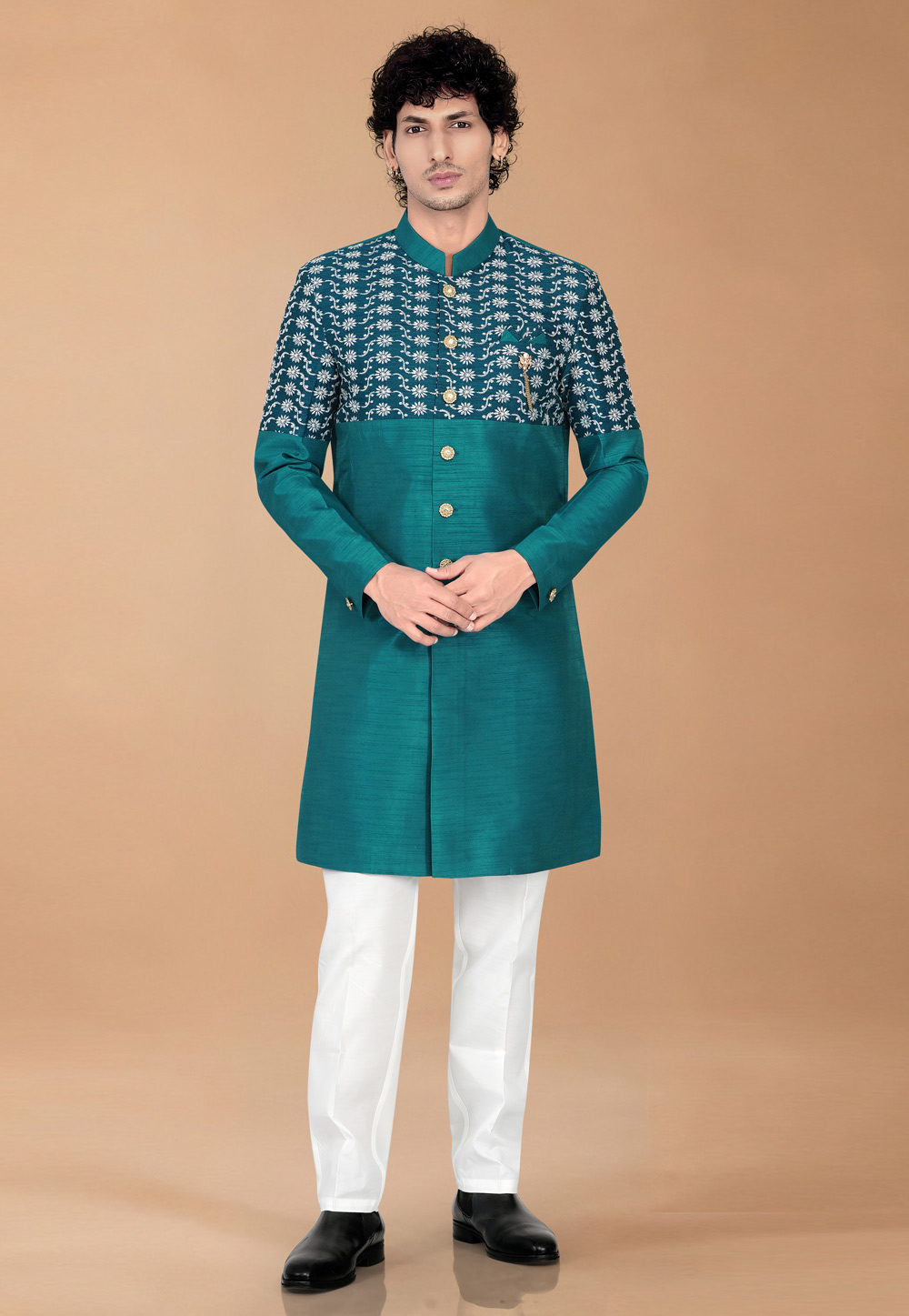 Teal Silk Indo Western Suit 329888