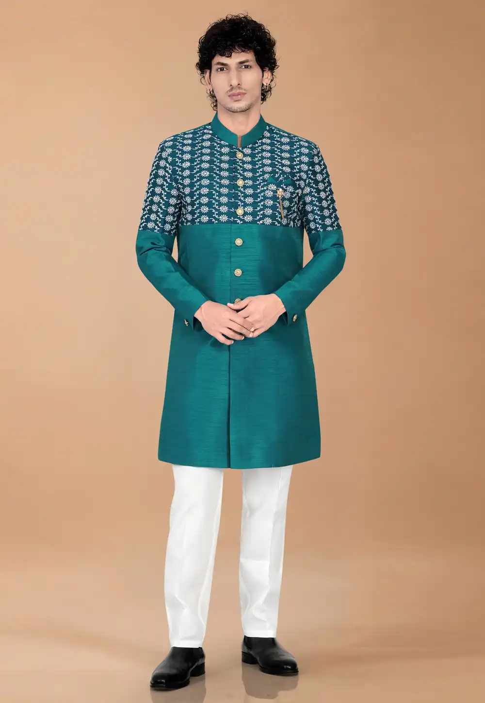 Teal Silk Indo Western Suit 329888